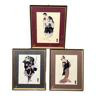 Set of gouache paintings "Actors of Kabuki Theatre".