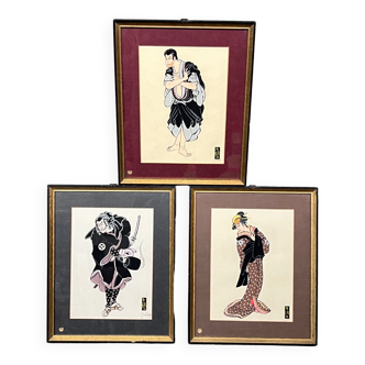 Ensemble de peintures à la gouache "Acteurs du Théâtre Kabuki".