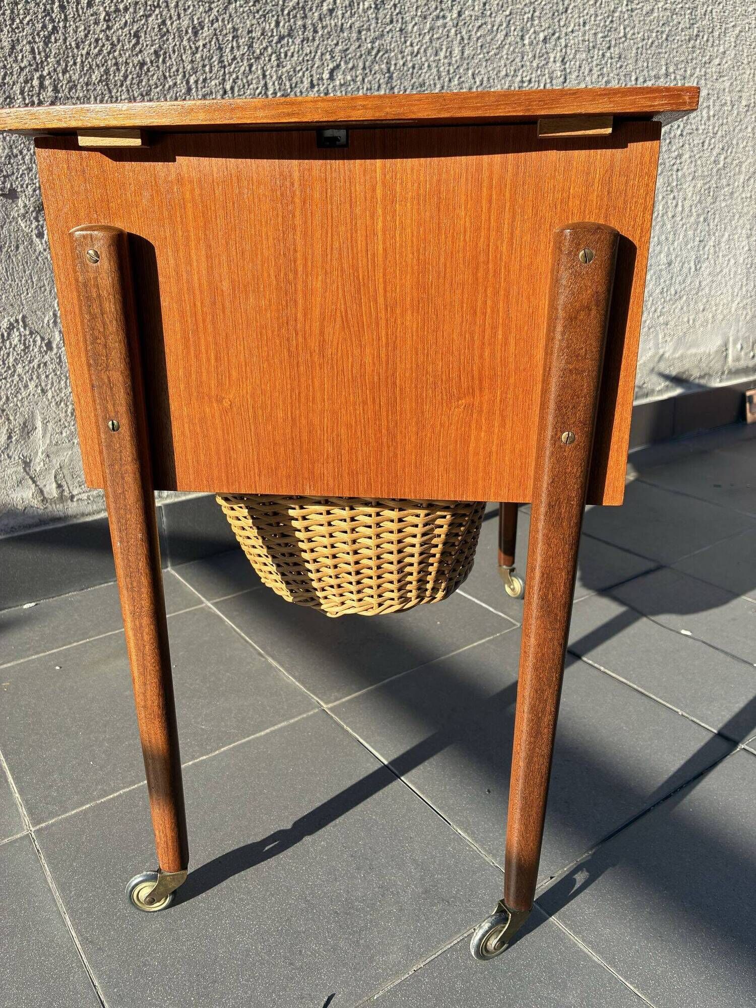 Danish teak sewing table with wicker basket, 1960s