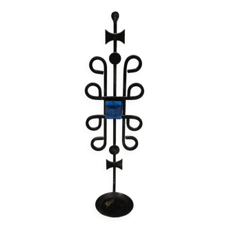 Vintage wall candle holder in wrought iron and hard pressed blue glass.