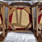 Round wooden table with 1 integrated extension + 6 wooden and fabric chairs