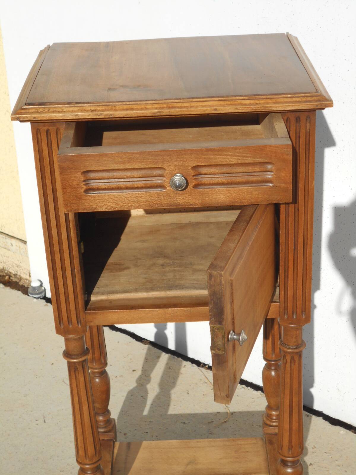 Antique bedside table, made of solid walnut.