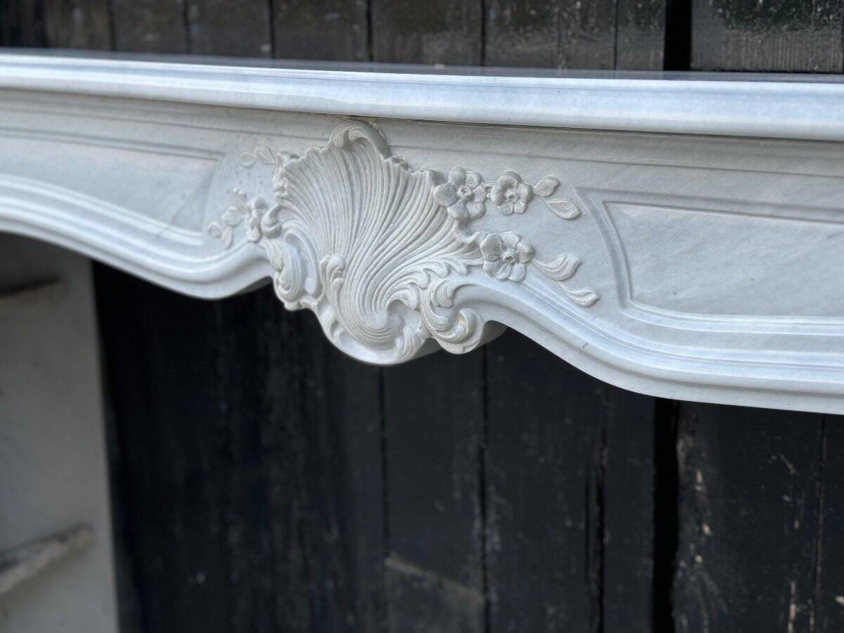 Louis XV style fireplace in grey and white Carrara marble circa 1980