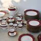 Elegant mid-century Japanese bone china service for 12 in white and noble red
