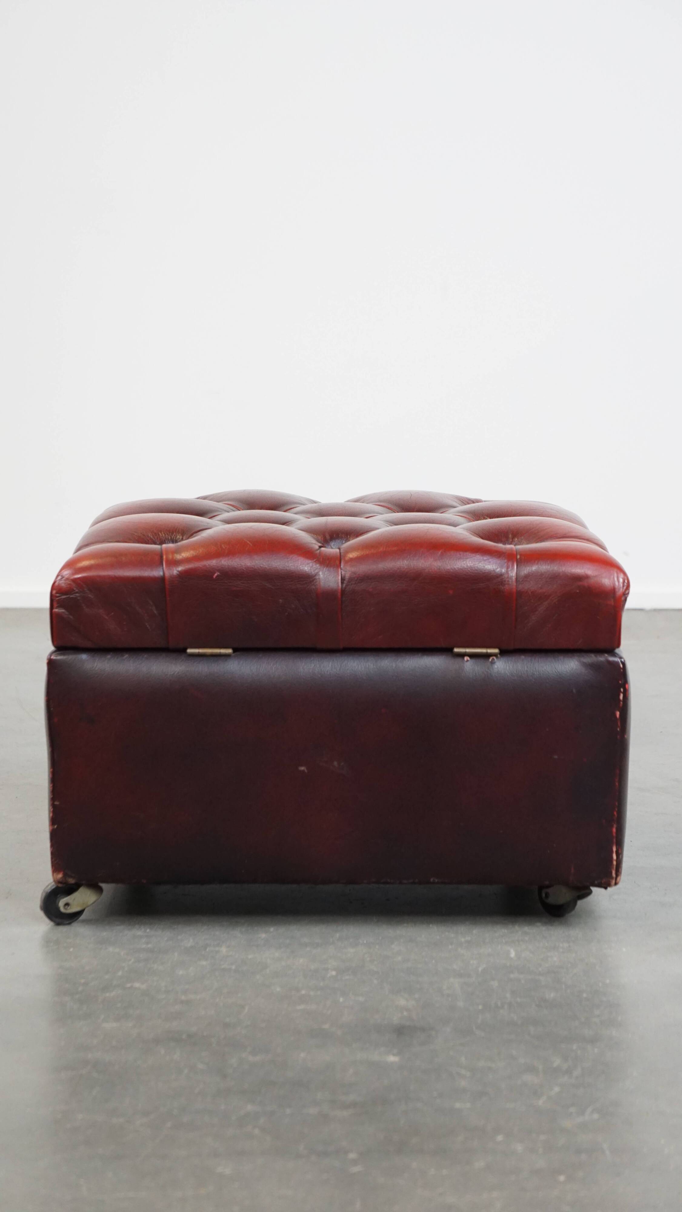 Red cow leather square chesterfield ottoman/storage pouf