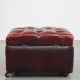 Red cow leather square chesterfield ottoman/storage pouf