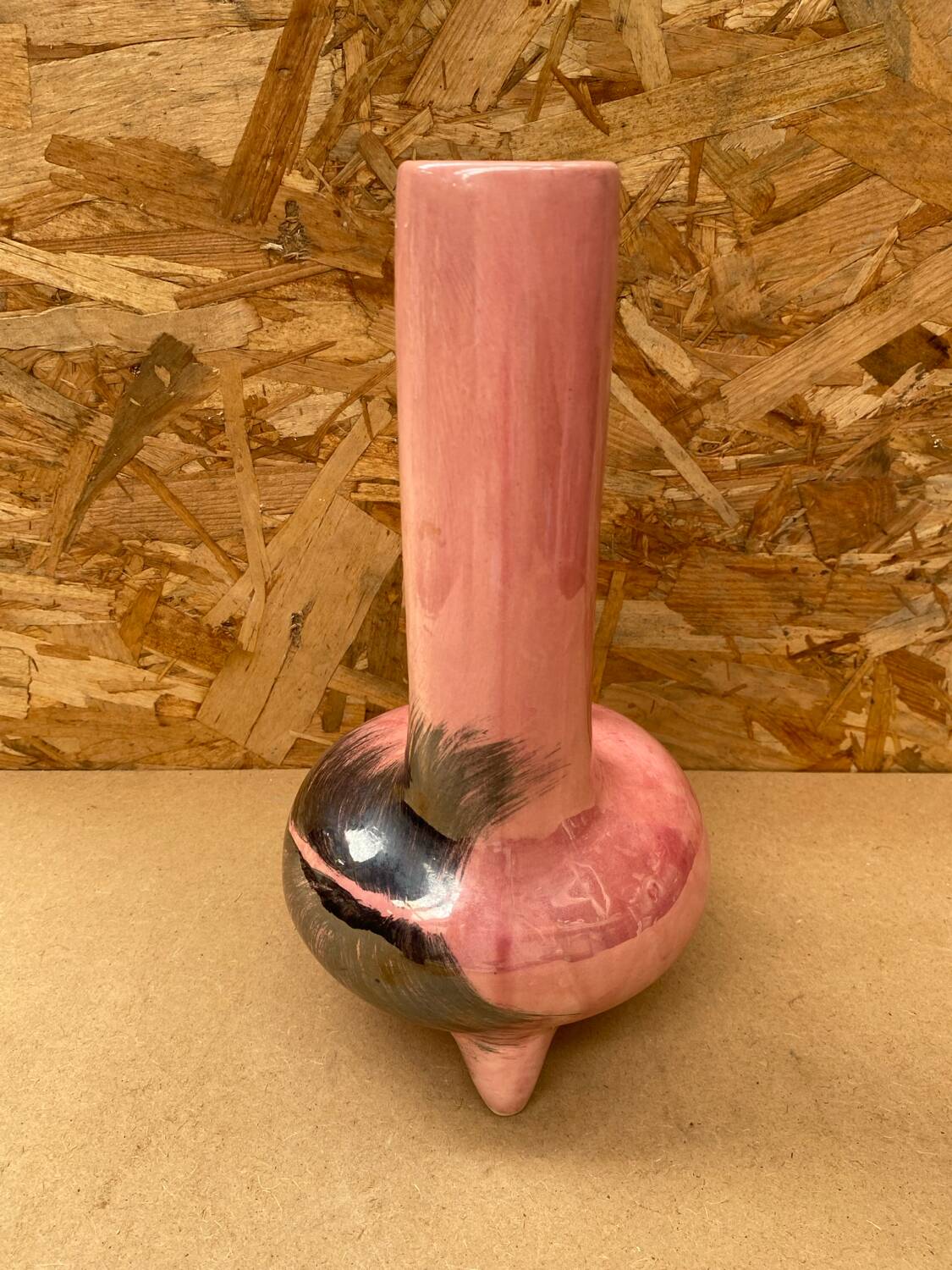 Antique Pink Ceramic Vase Glazed Black Decor Vintage