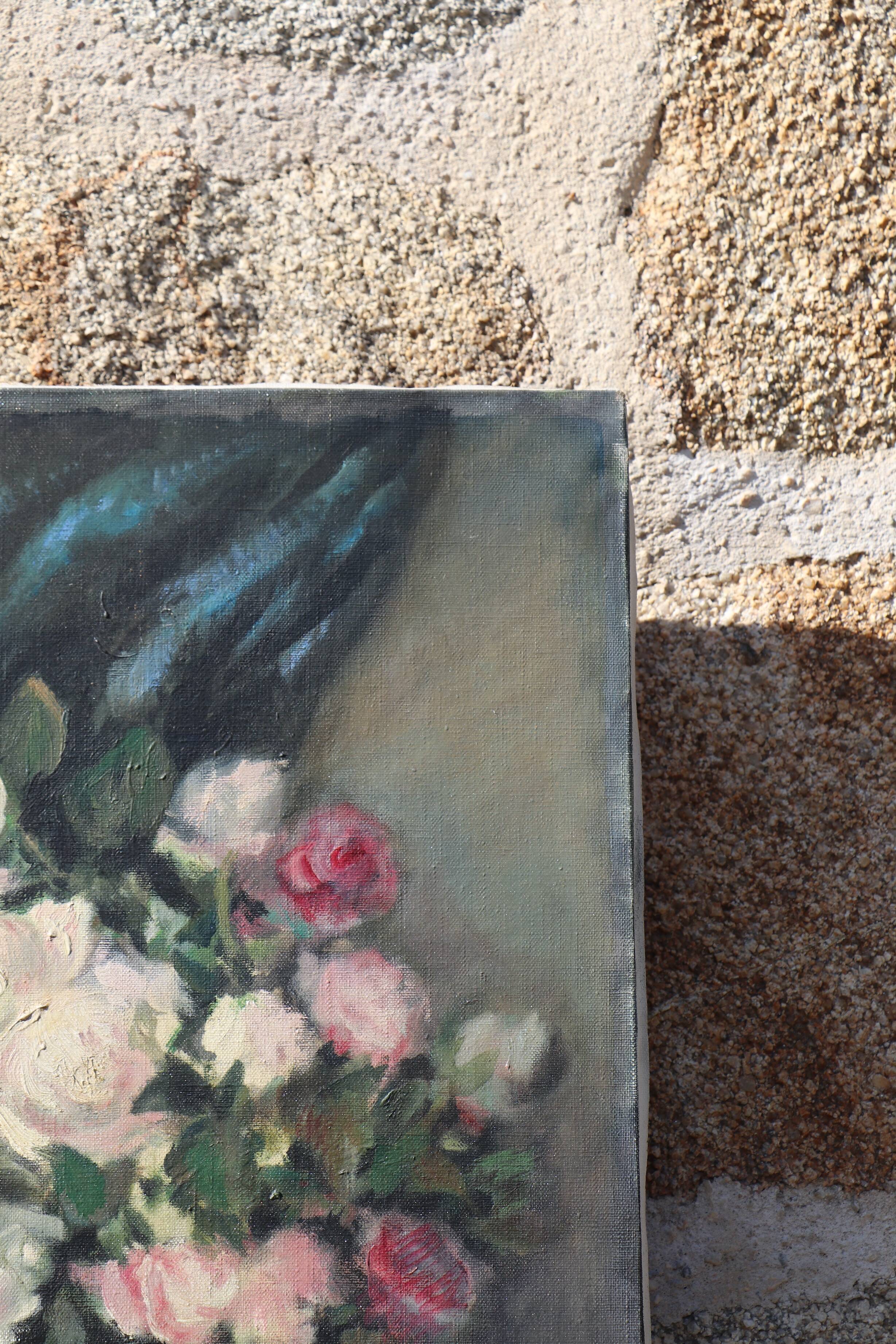 Huile sur toile bouquet de roses nature morte