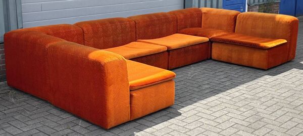 Grand canapé sectionnel Mid-Century composé de 6 éléments en velours orange