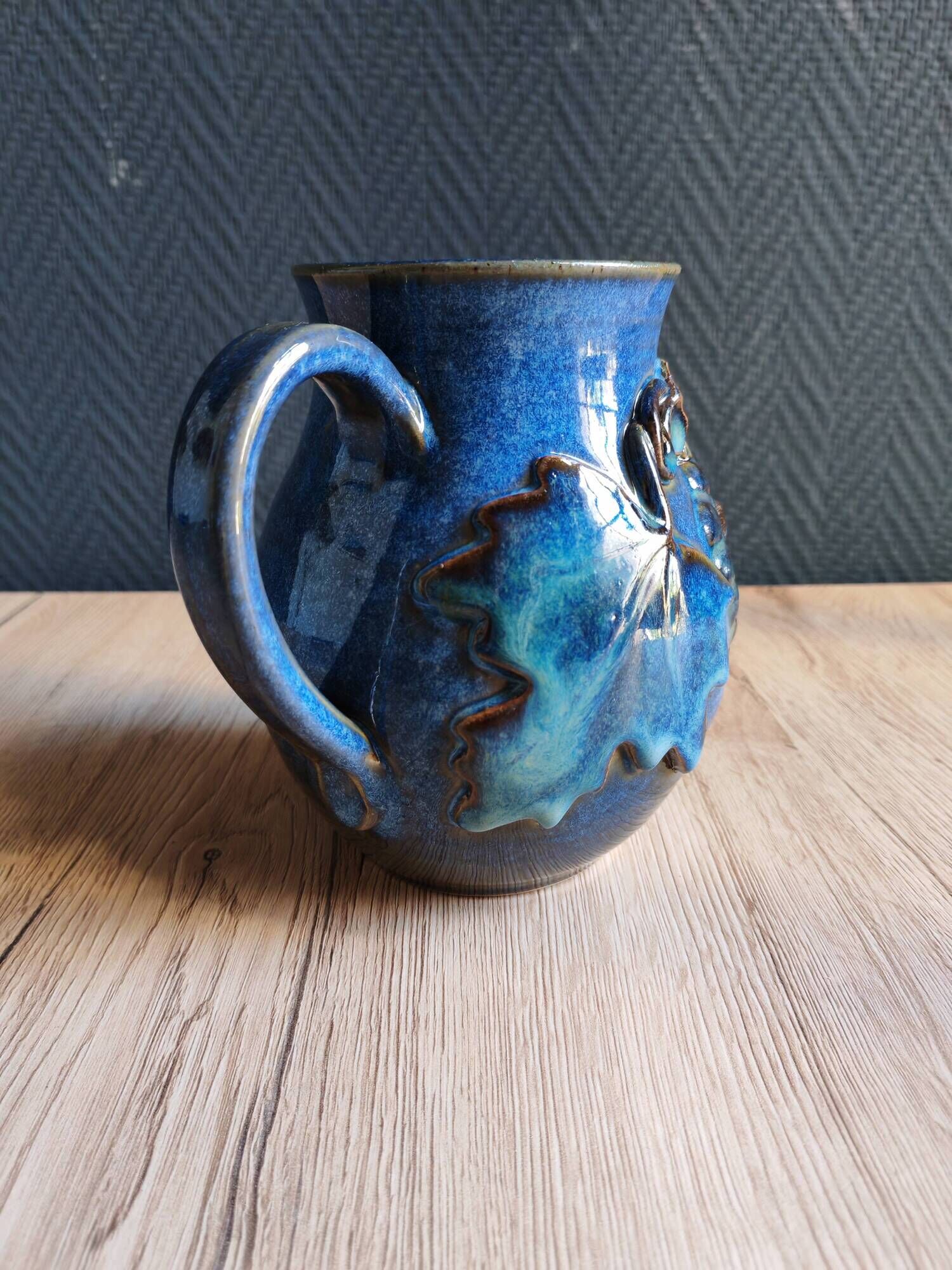 Vintage Blue Stoneware Jug with Grape Cluster Pattern, Ceramic Vase