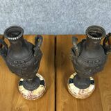 Pair of Napoleon III period vases or cassolettes in spelter and marble
