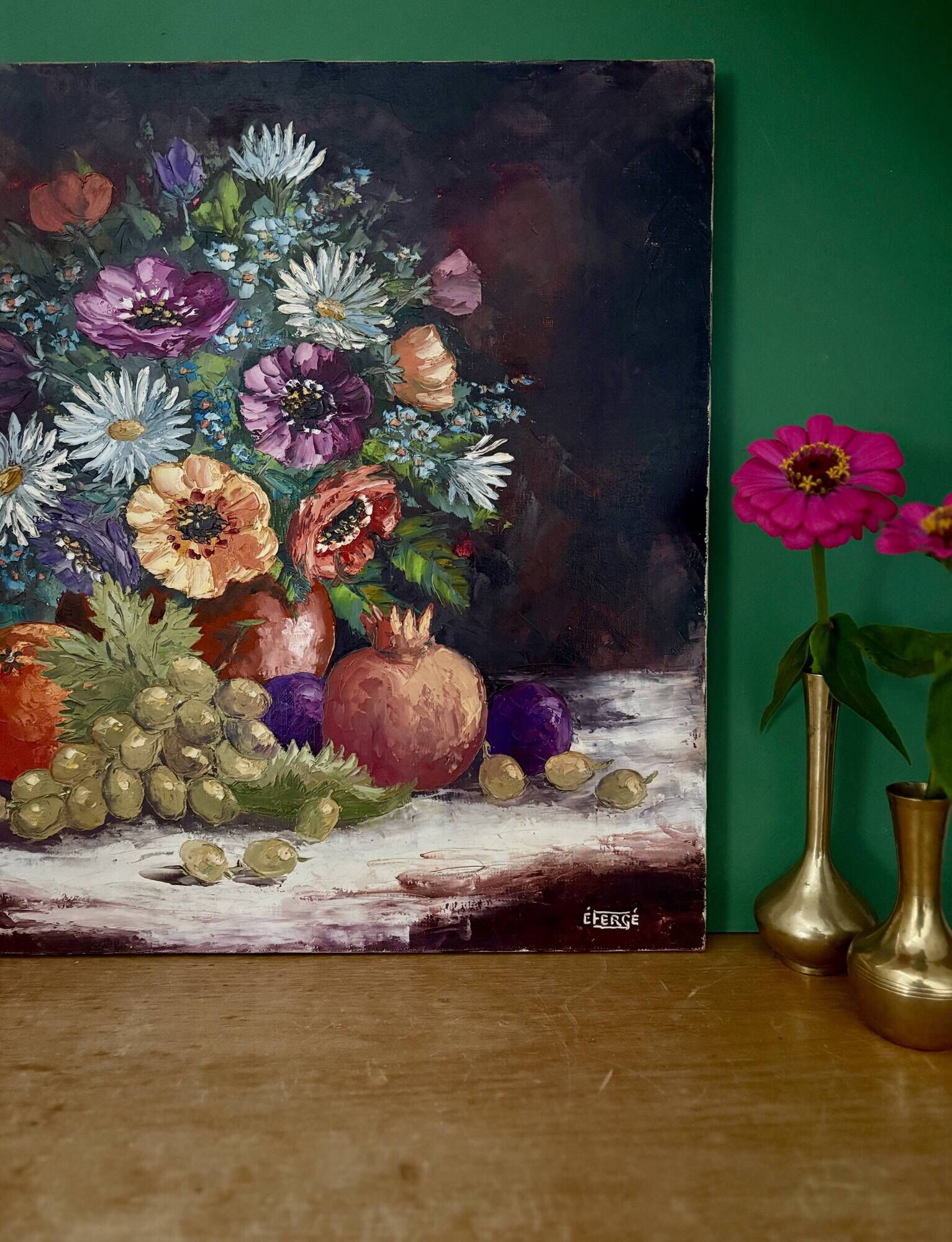 Old painting, still life of flowers and fruits.