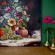 Old painting, still life of flowers and fruits.