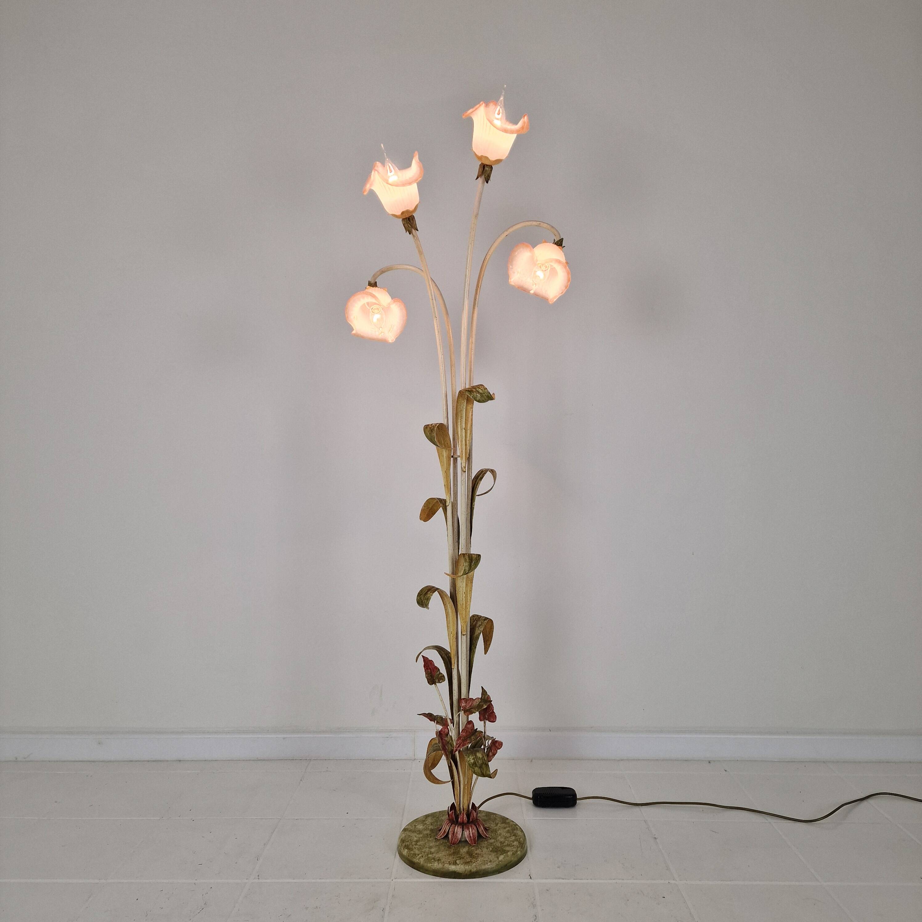 Italian Floor Lamp with Metal Stems, Leaf Details and Murano Glass Flowers