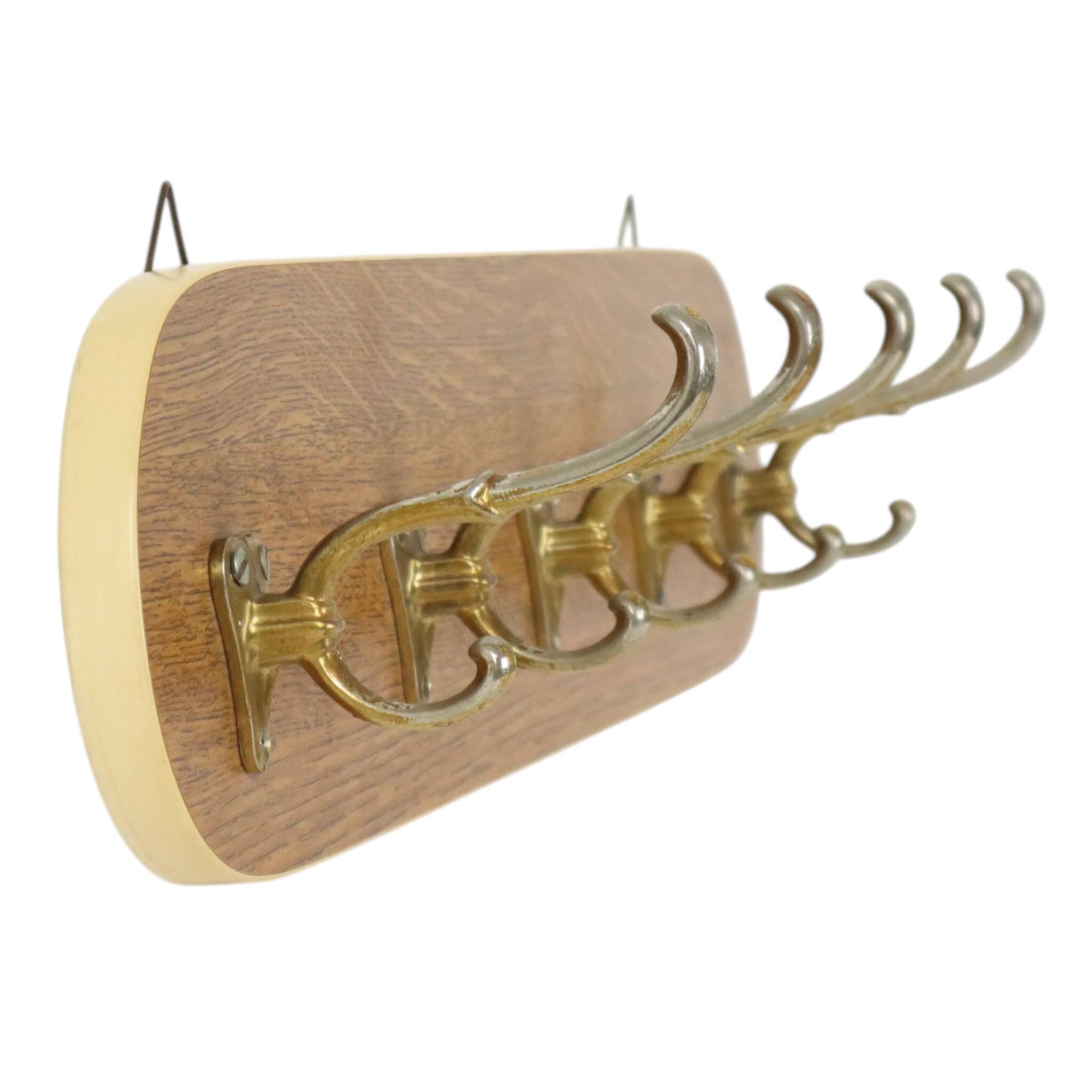 Vintage Rockabilly Coat Rack, 1950s Design, Wood Veneer, Gold