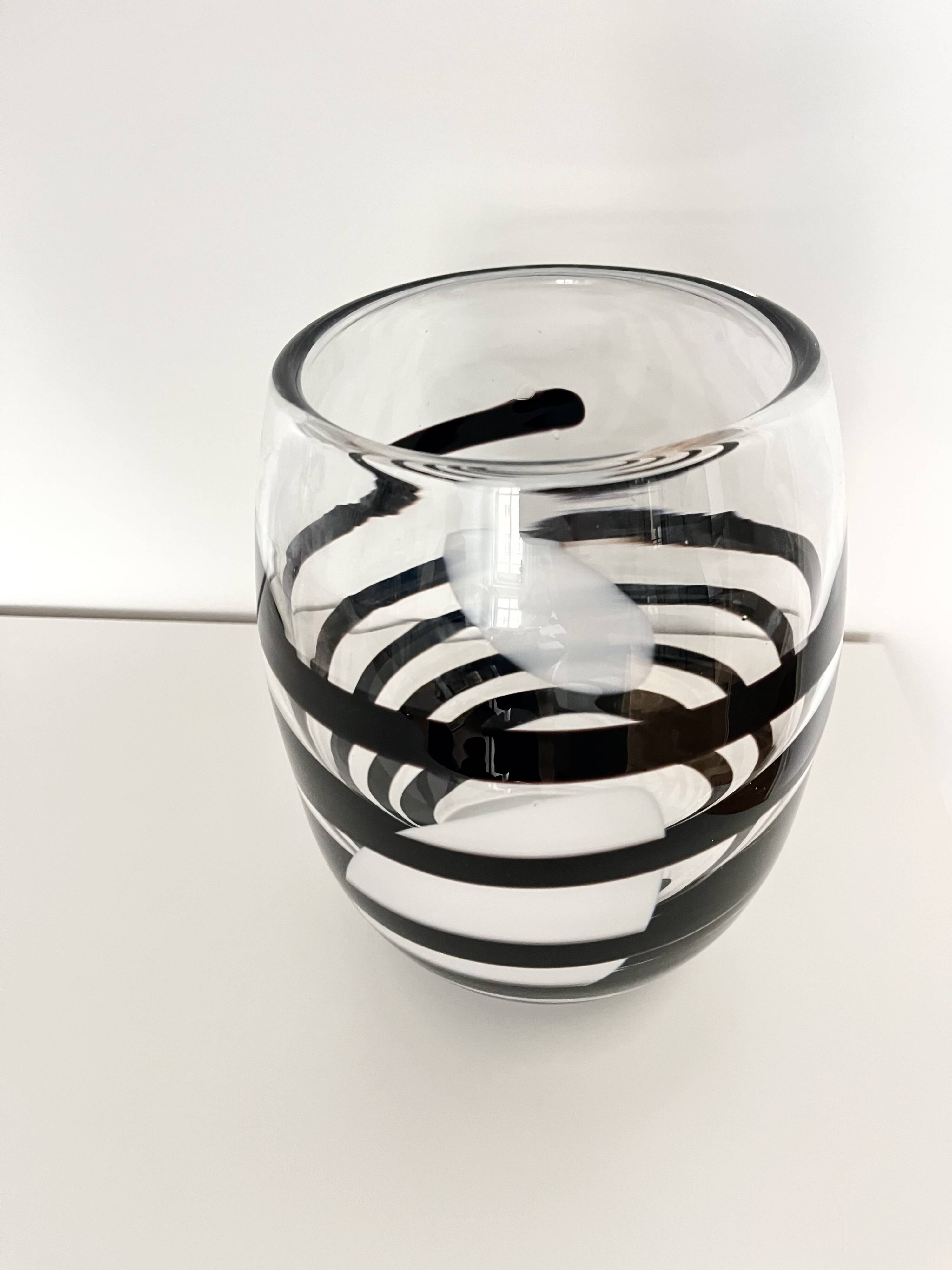 Vintage Kosta Boda Clear & Black Swirl Striped Art Vase, Sweden, 1990s