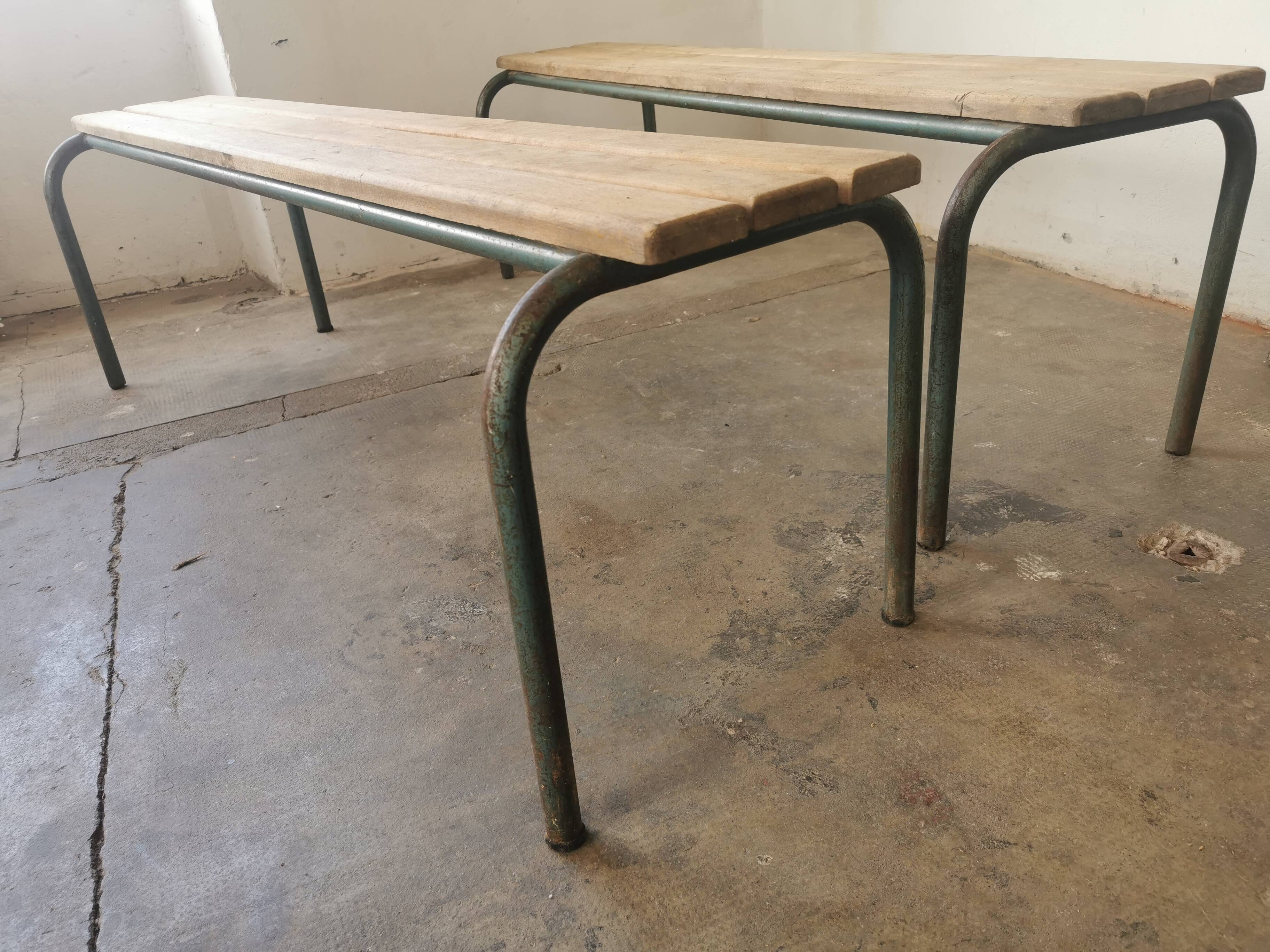 Pair of vintage metal and wood school benches