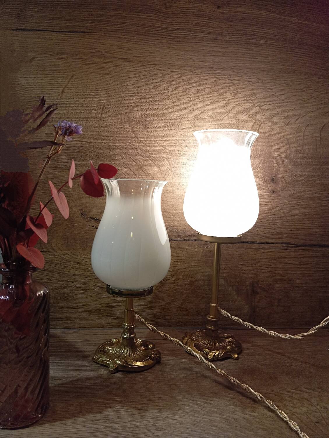 Duo art deco bedside lamps bronze and white glass tulip