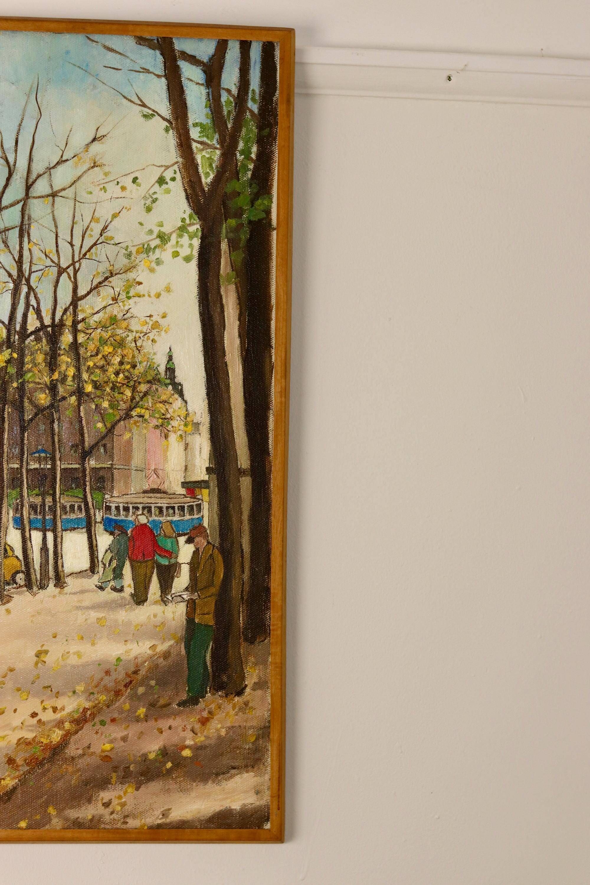 Vintage Large Modernist Original  Oil on Canvas" City Idyll" by - Vintage & Framed