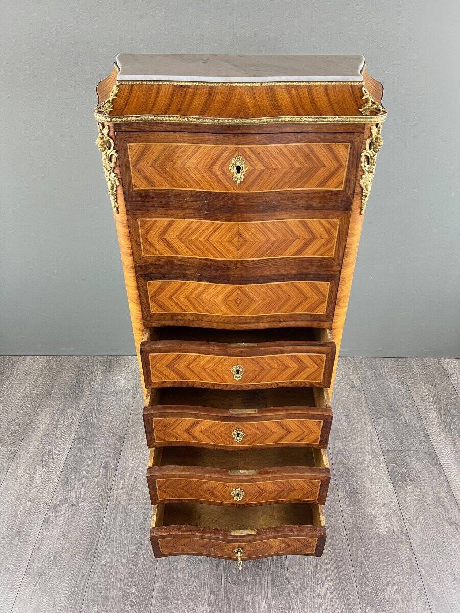 Marquetry Drop-Leaf Secretary, Louis XV Style, 19th Century