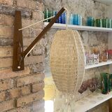 Scandinavian articulated wall lamp, teak and raffia, 1960