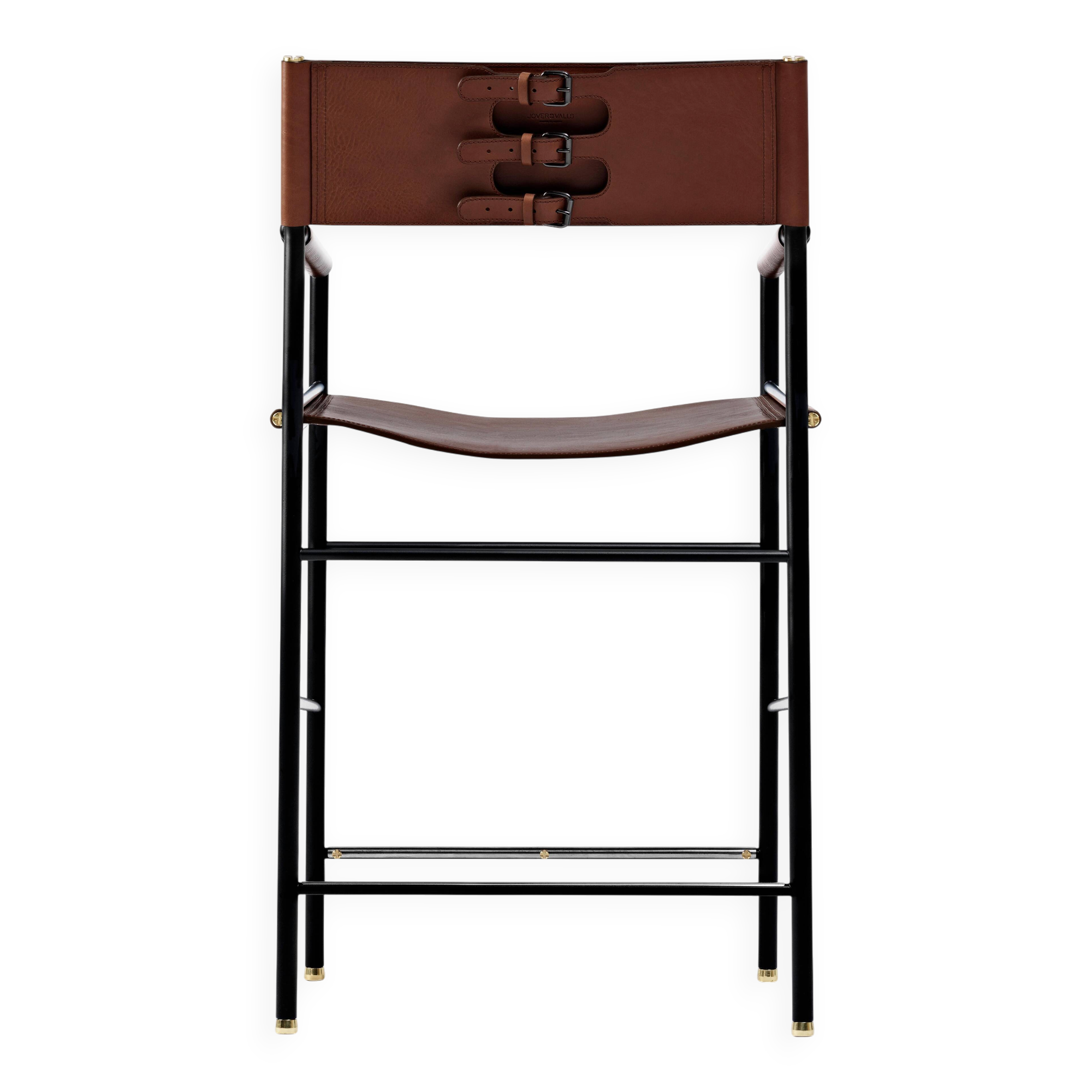 Jeu de 4 Tabourets de bar contemporains avec dossier en cuir marron foncé, caoutchouc noir, métal