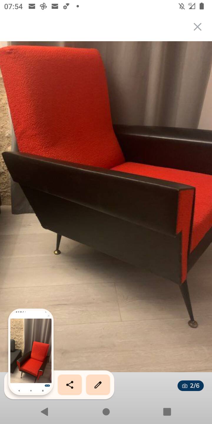 Brussels style armchair from the 50s/70s in faux leather and wool.