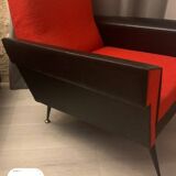 Brussels style armchair from the 50s/70s in faux leather and wool.