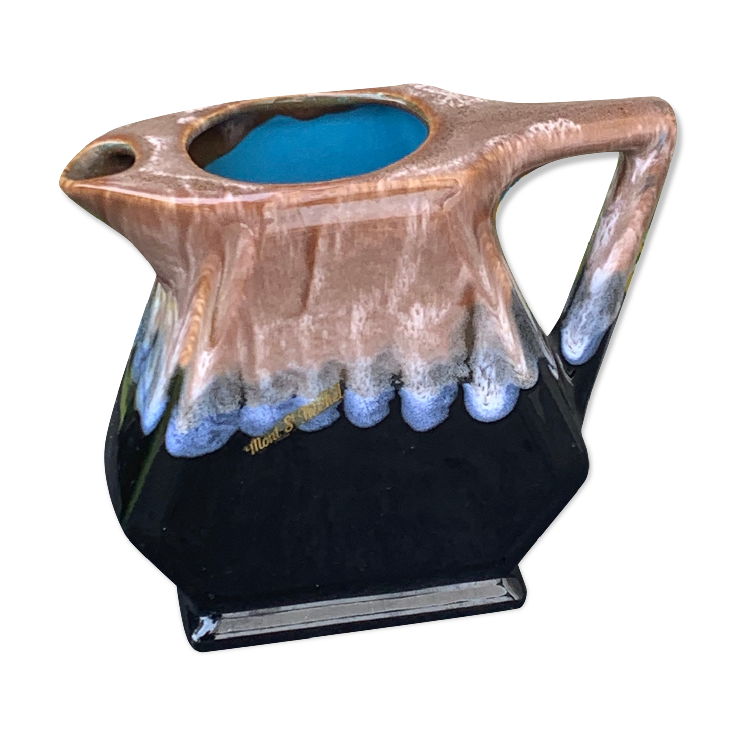 Decanter pitcher in blue and beige glazed ceramic vintage