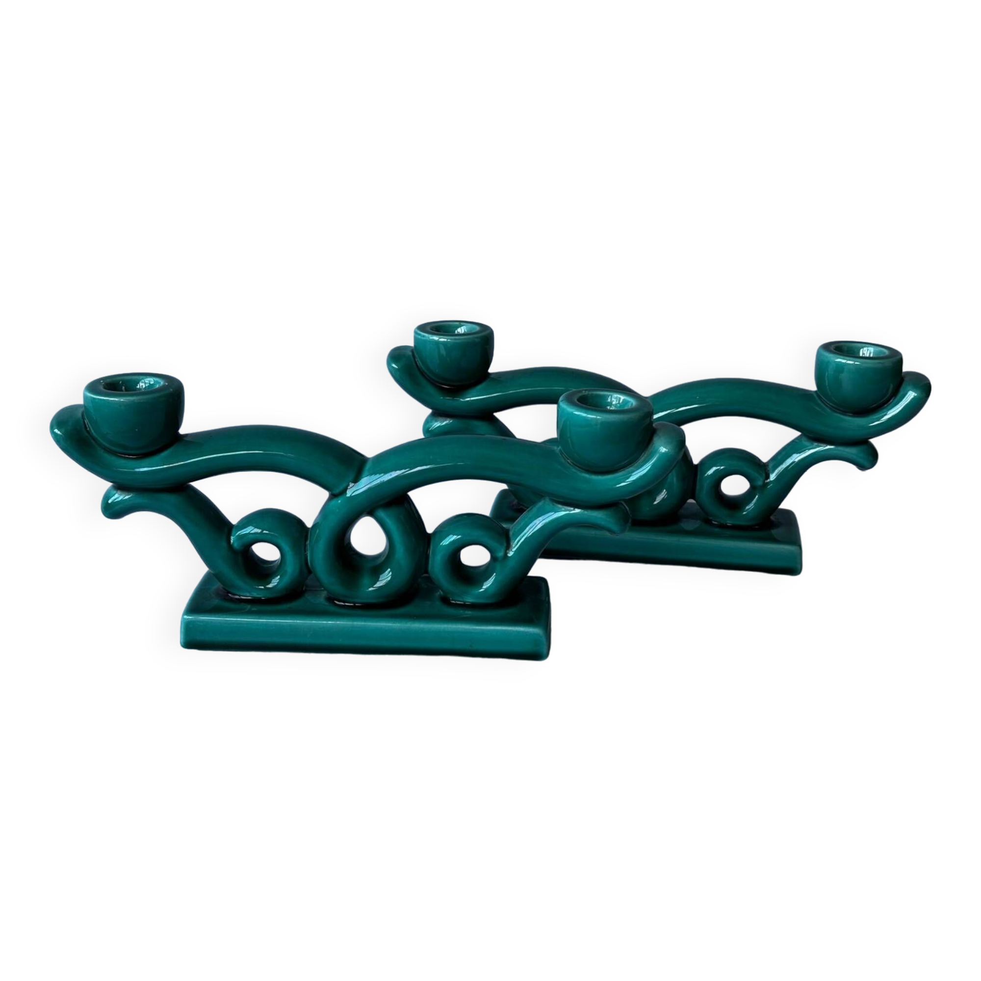 Set of 2 turquoise enamelled ceramic candle holders