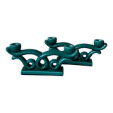 Set of 2 turquoise enamelled ceramic candle holders