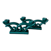 Set of 2 turquoise enamelled ceramic candle holders