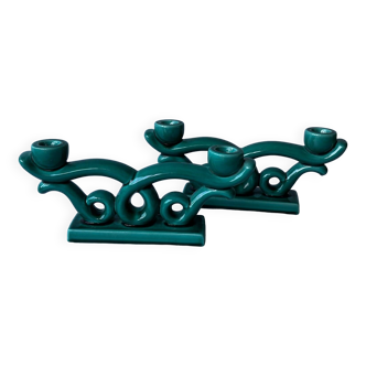 Set of 2 turquoise enamelled ceramic candle holders