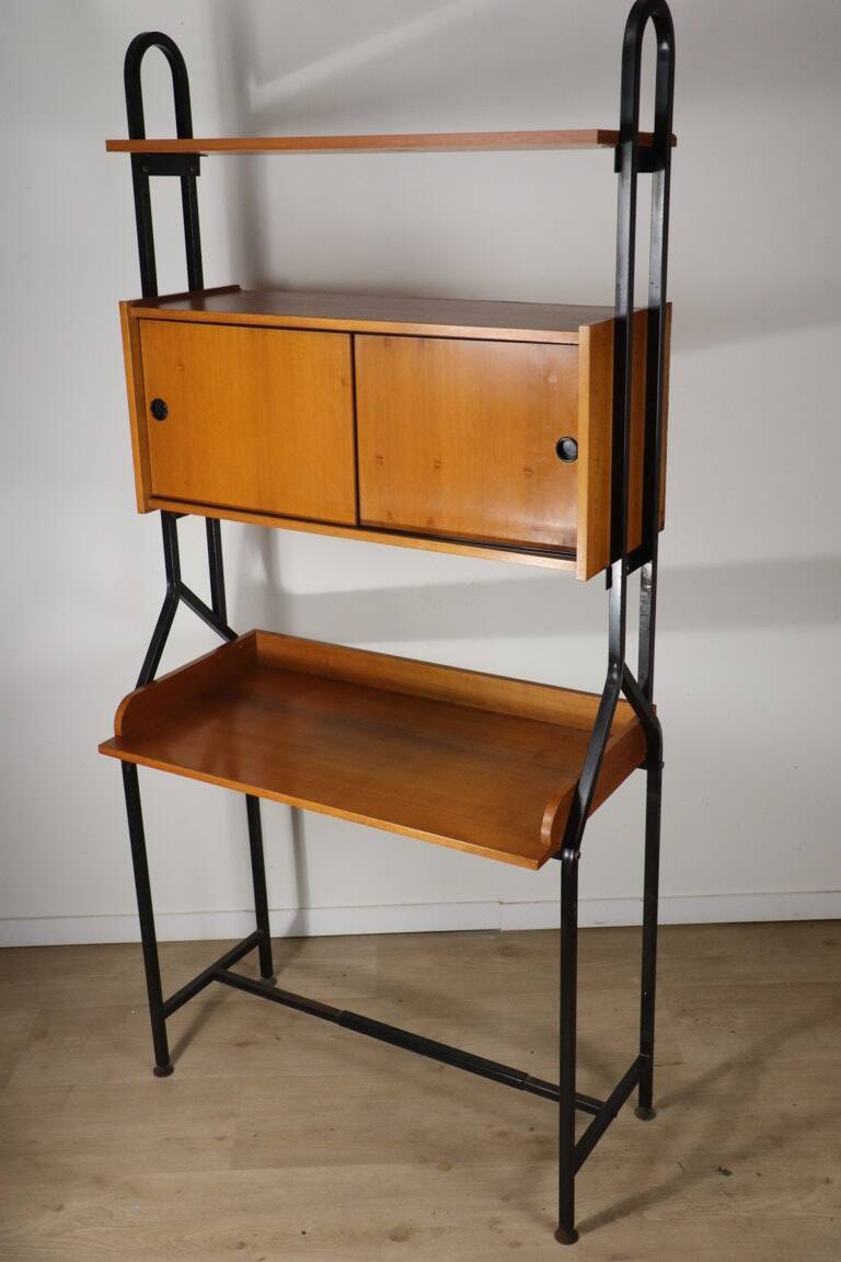 Vintage desk with modular bookcase in wood and metal, 1960