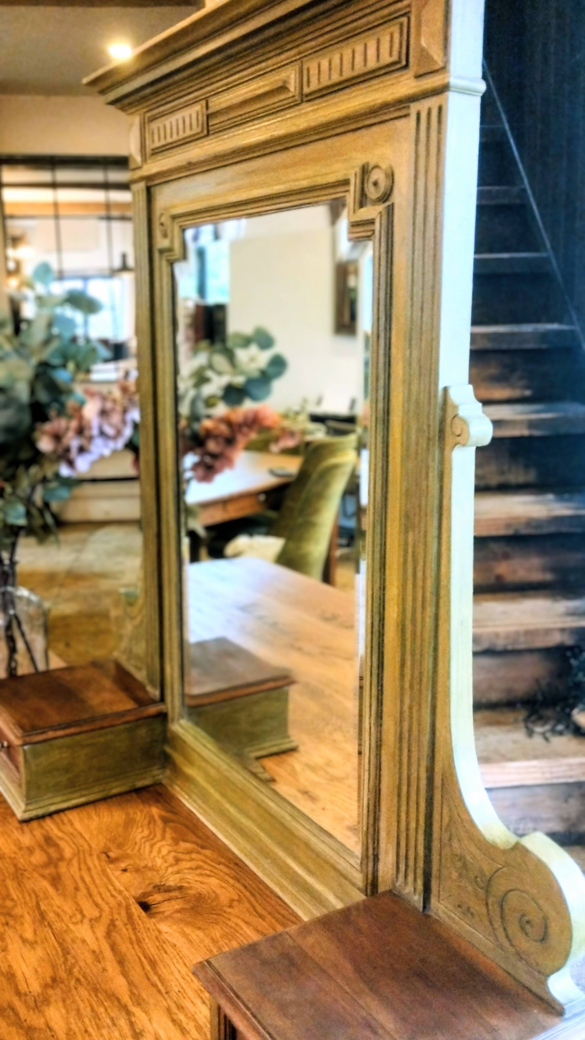 Antique bevelled mirror Farrow and Ball "Green Bancha"