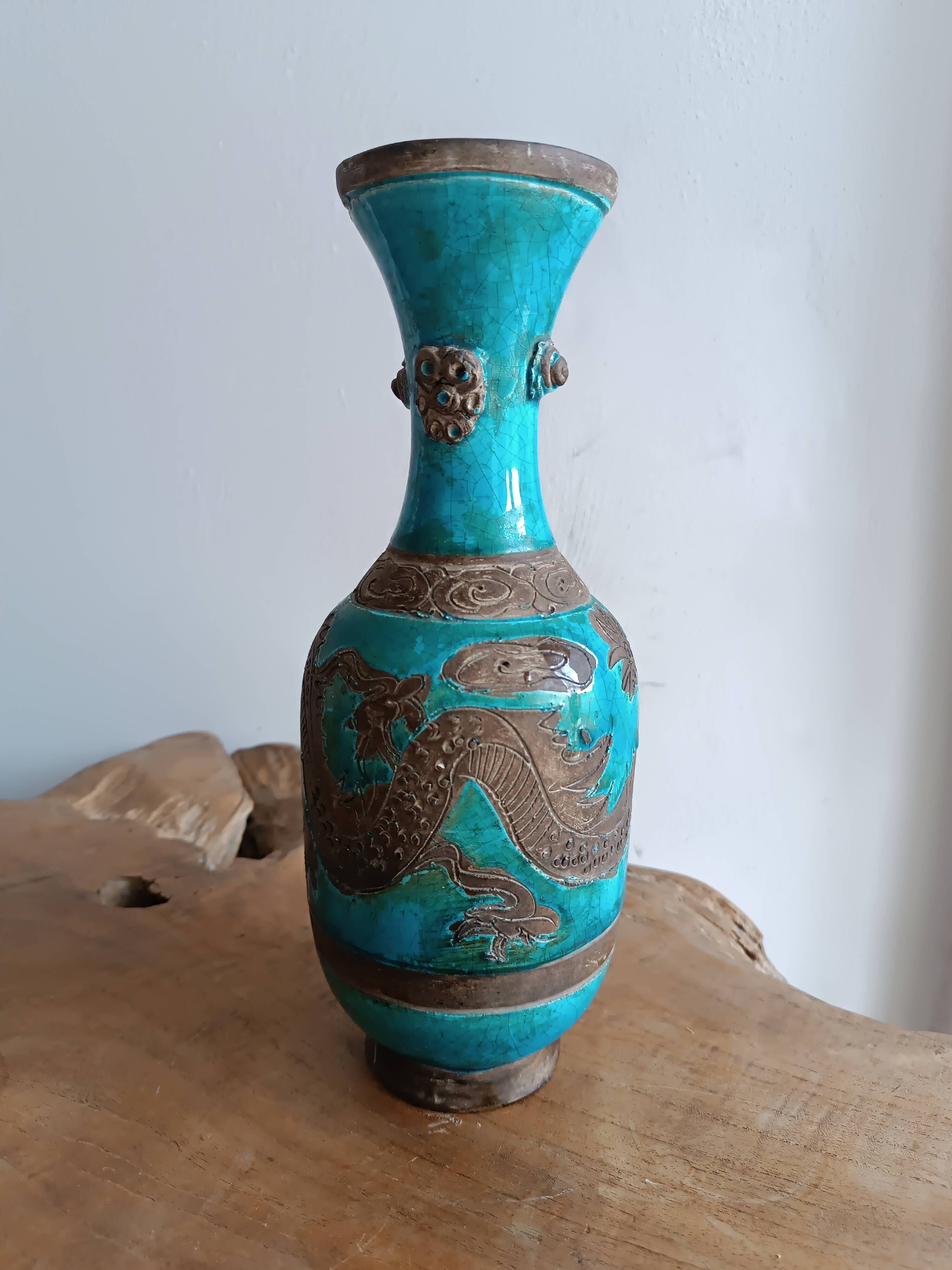 Ugo zaccagnini turquoise ceramic vase with dragon decoration