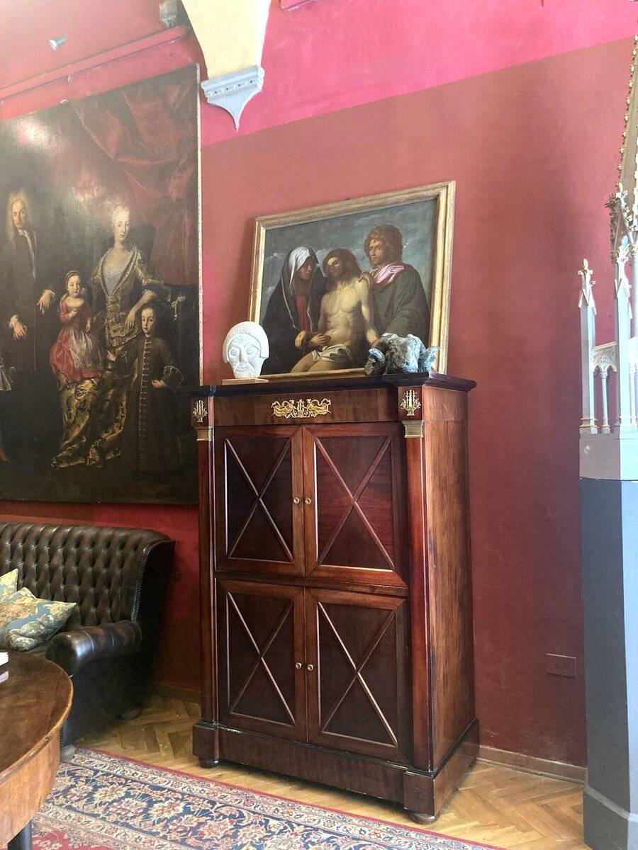 Cabinet, wardrobe or mahogany and ormolu wine bar in French Empire style with four doors.