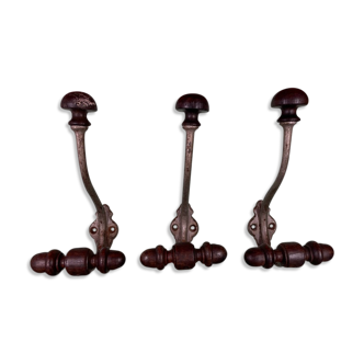 Set of 3 patères coats industrial wood and iron cast iron workshop