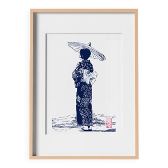 Japanese linocut of a Japanese woman in yukata with parasol in Prussian blue