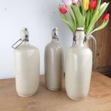 Set of 3 Old Stoneware Bottles - Triangular Shape, H 29 cm