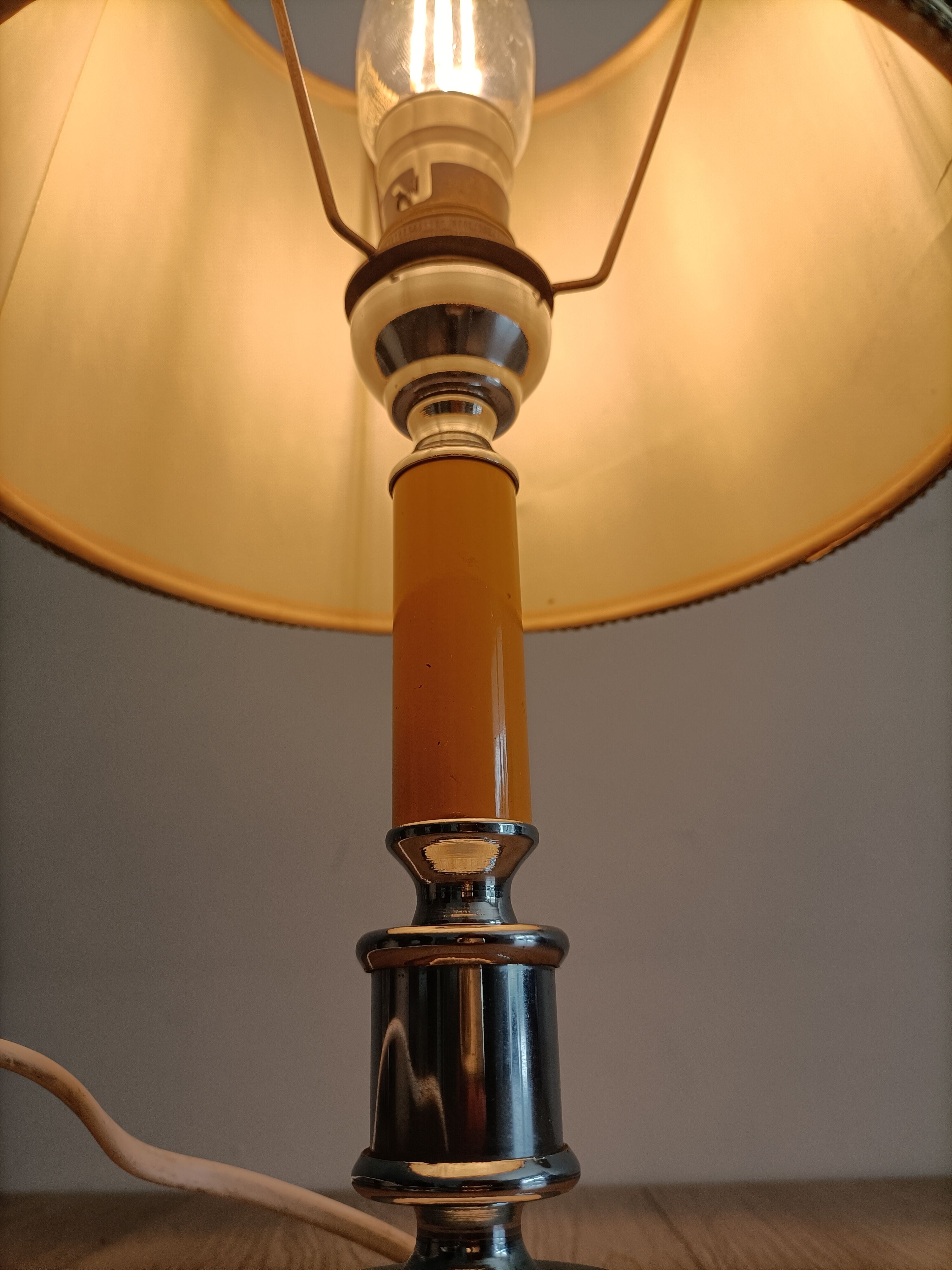 Solid brass candle holder lamp and vintage fabric