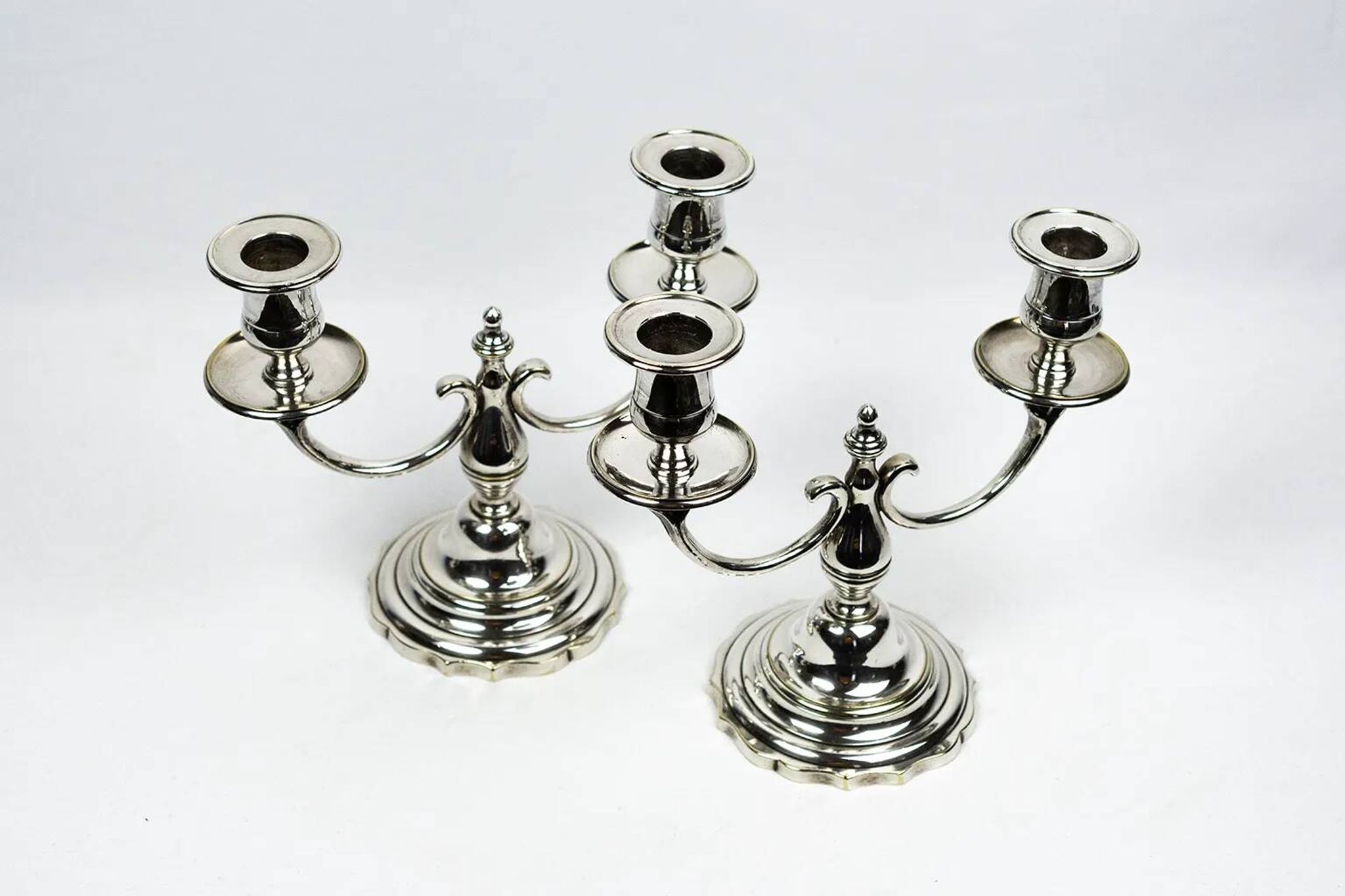 Pair of candlesticks | antique two-armed candelabra in silver-plated metal