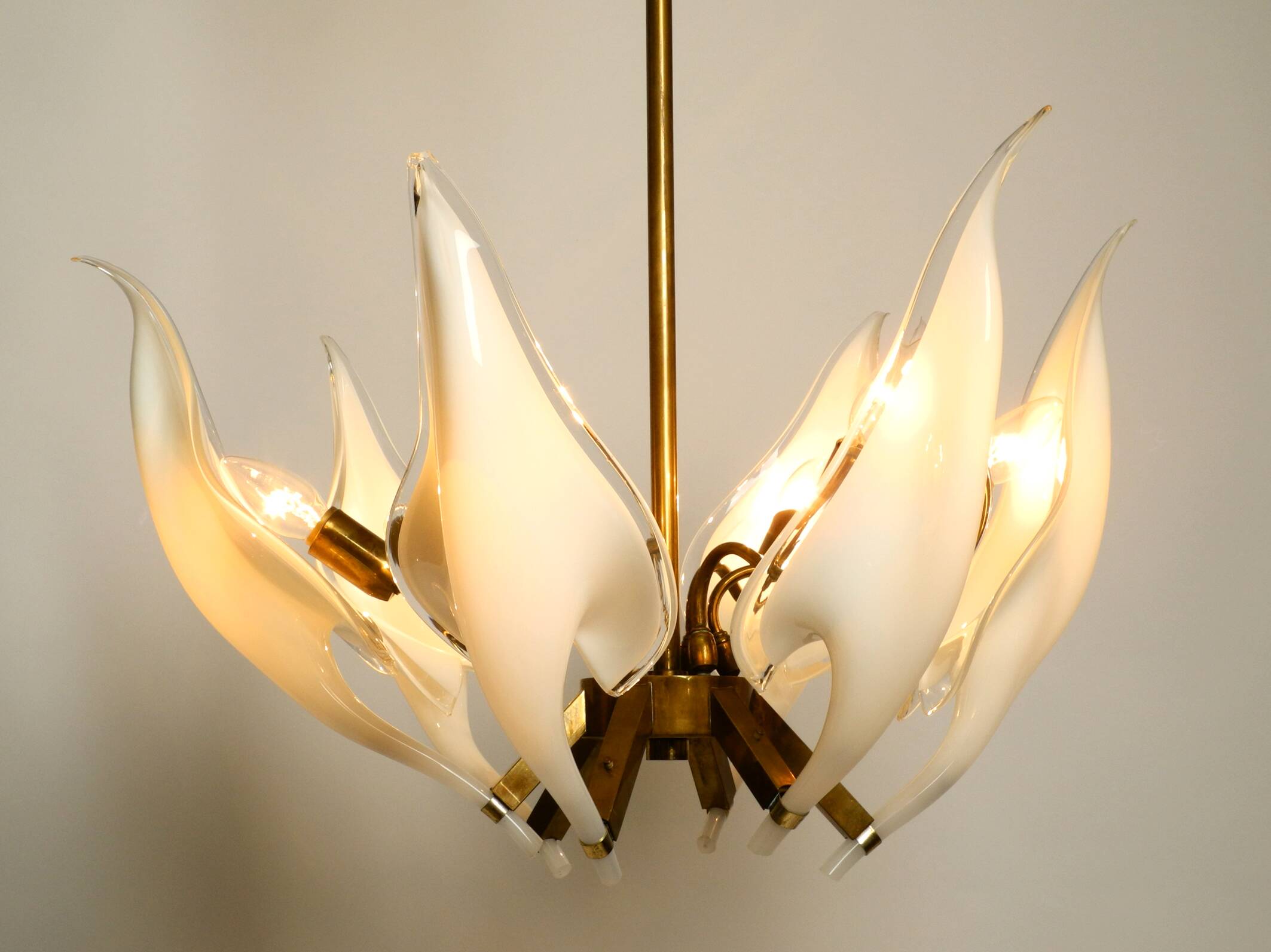 50s brass chandelier with white and transparent Murano glasses Franco Luce