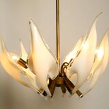 50s brass chandelier with white and transparent Murano glasses Franco Luce