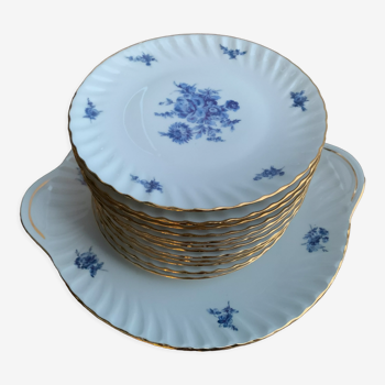 Cake set, 1 course and 12 dessert plates in Limoges porcelain, Louis Lourioux, mid-twentieth