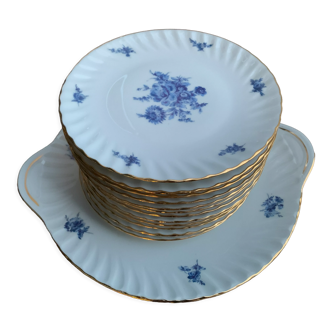 Cake set, 1 course and 12 dessert plates in Limoges porcelain, Louis Lourioux, mid-twentieth