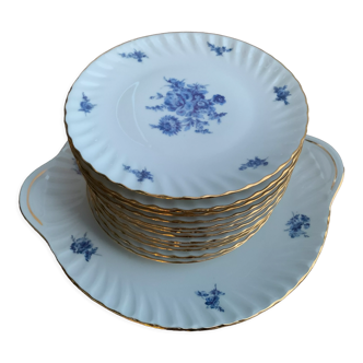 Service à gâteau 1 plat et 12 assiettes à dessert en porcelaine Limoges, Louis Lourioux, mi XXème