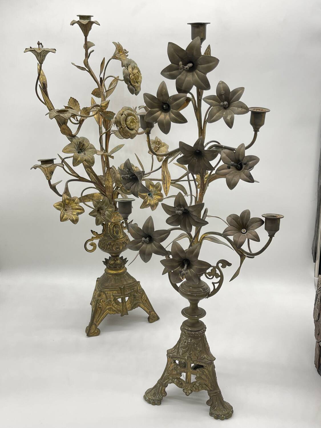 2 religious candelabra / brass candle holder 1930
