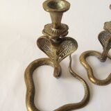 Two zoomorphic brass cobra snake candlesticks