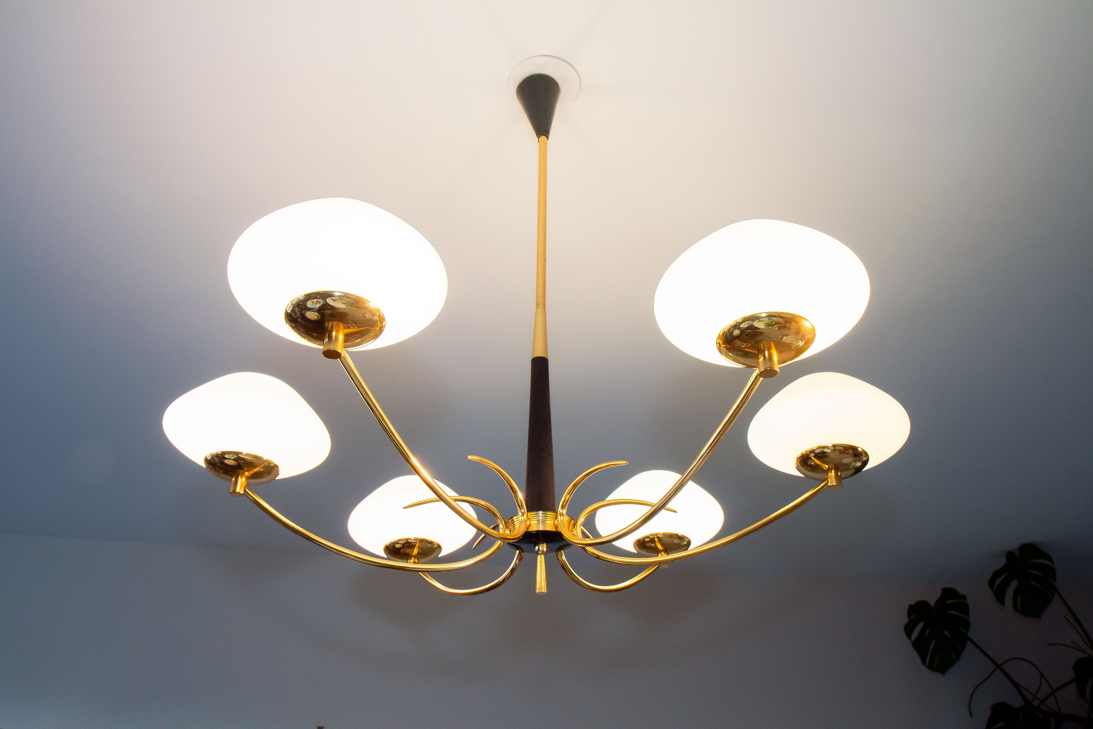Pendant light in brass and opaline 50s